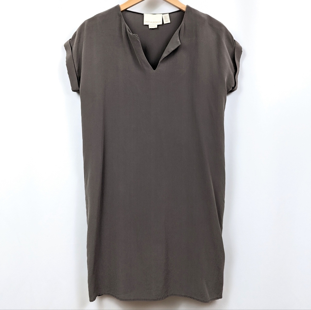 Cynthia Rowley 100% Silk T-Shirt Sack Dress V-Neck Cuffed Sleeves Taupe Gray 4